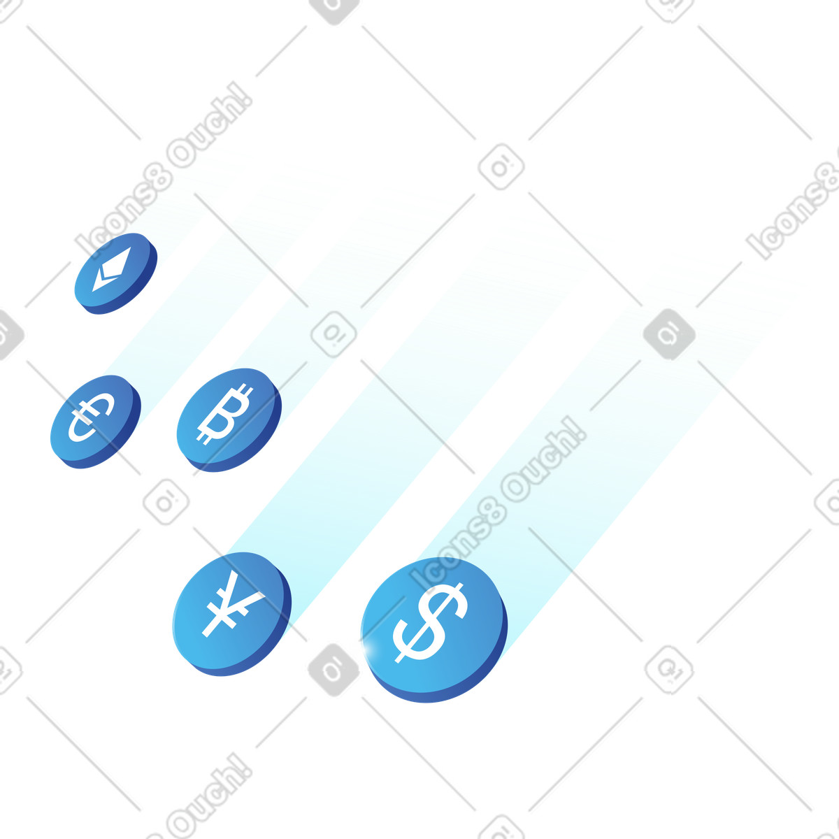 Dynamic currency flow with blue crypto and fiat coins illustration in Quantum style download in PNG, SVG