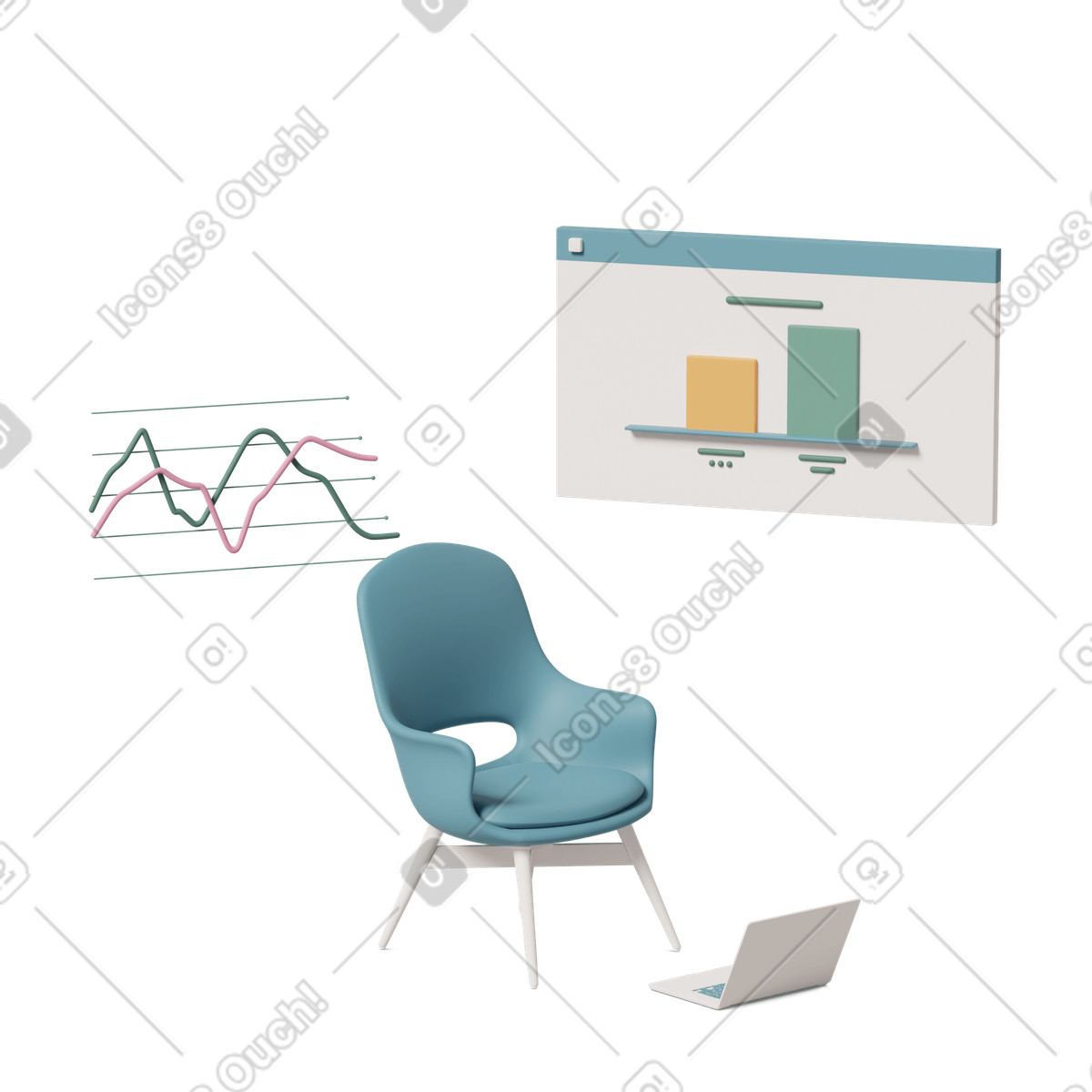 下载 3D Casual life 风格的 Chair and laptop with statistic chart 插画，支持 PNG、SVG 格式