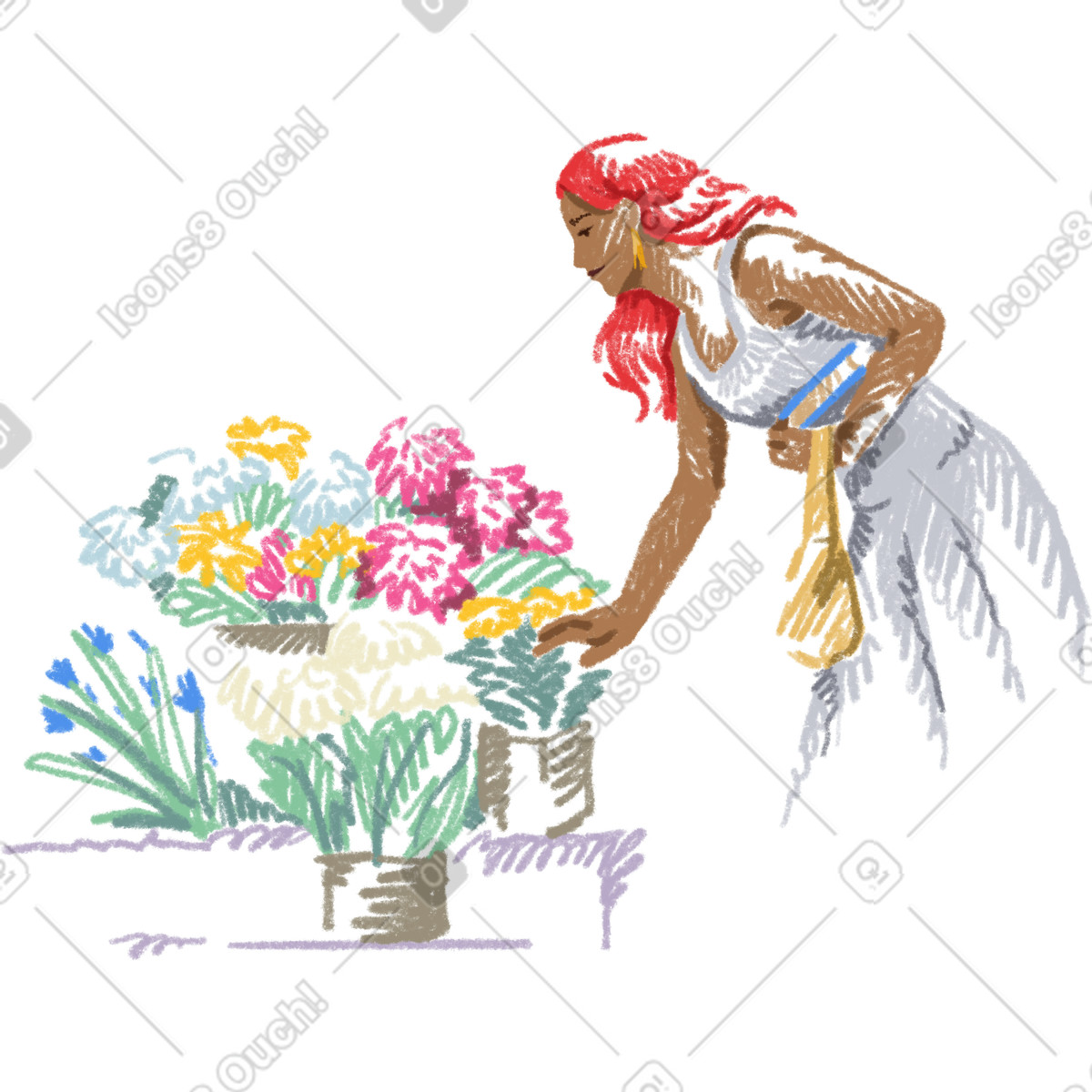Ilustração de Young woman choosing flowers em no estilo Sketchbook para baixar em PNG, SVG