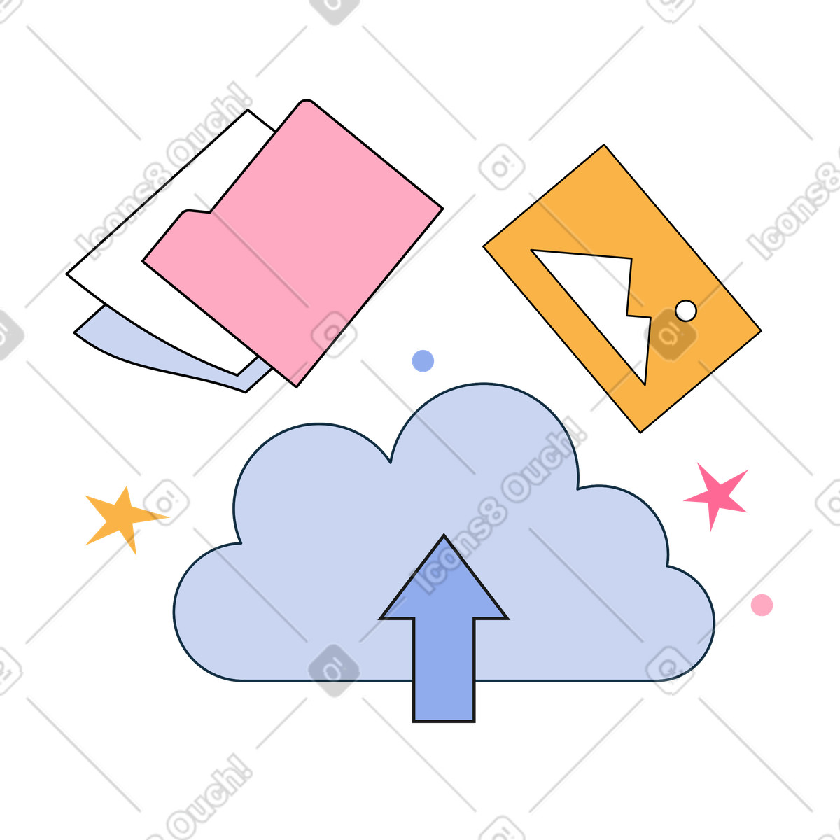Illustration Téléchargement de fichiers avec un logiciel cloud dans le style Bloom à télécharger aux formats PNG, SVG