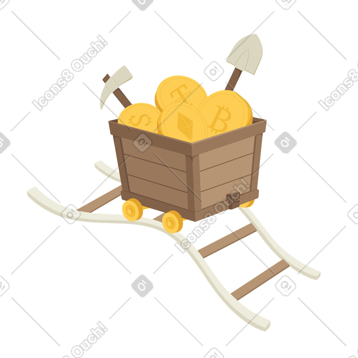 Mining cart with crypto coins and tools, Bitcoin investment illustrazione in stile Social scarica in PNG, SVG