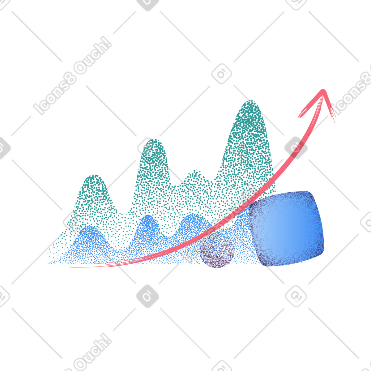 Performance metrics growth with rising arrow and data points illustrazione in stile Grain scarica in PNG, SVG