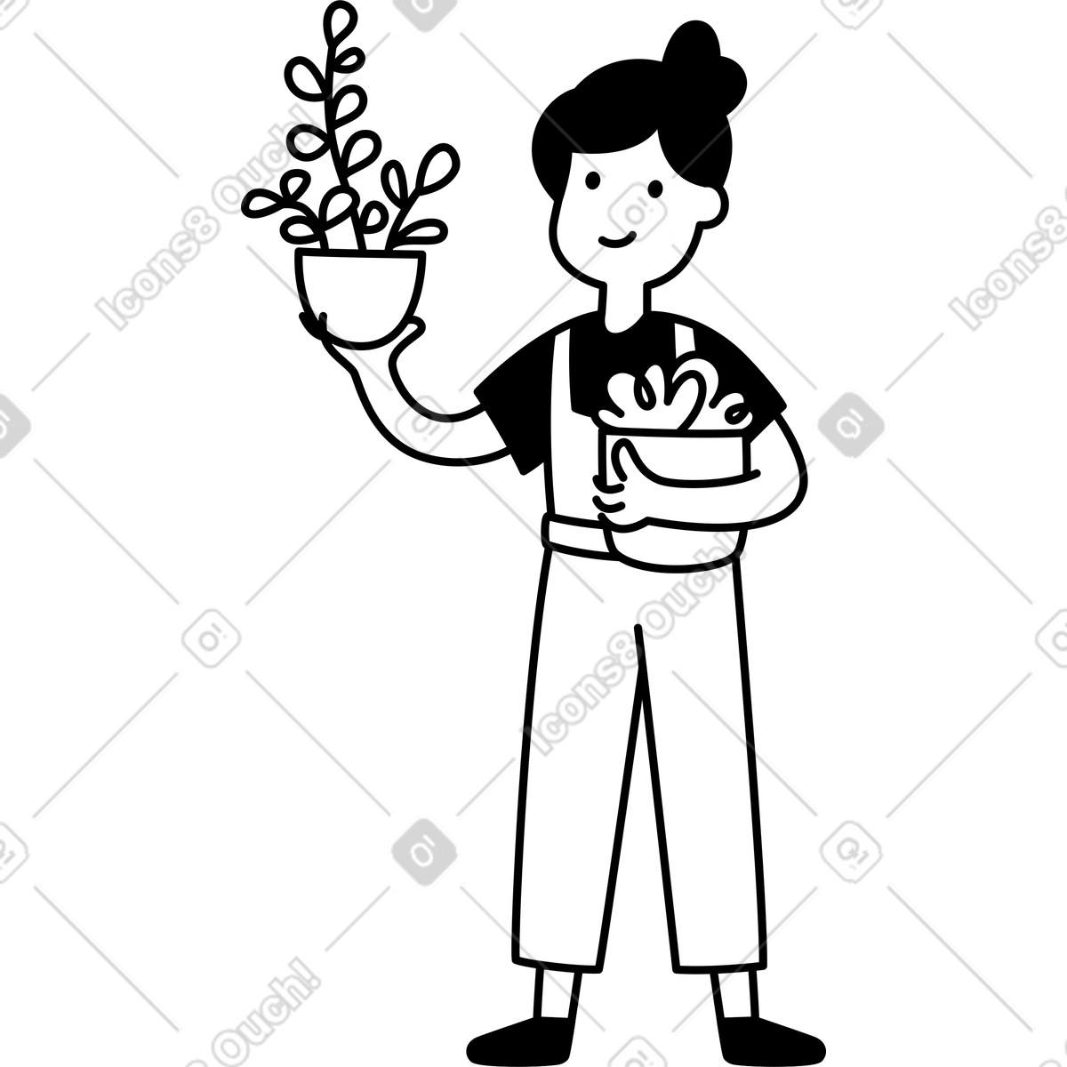 下载 Notion Line Art 风格的 Gardener holding potted plants and wearing overalls with smile 插画，支持 PNG、SVG 格式