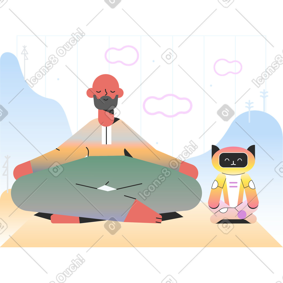 Ilustração de Yoga with robot friend under clouds, Mindfulness and relaxation break em no estilo Marginalia para baixar em PNG, SVG