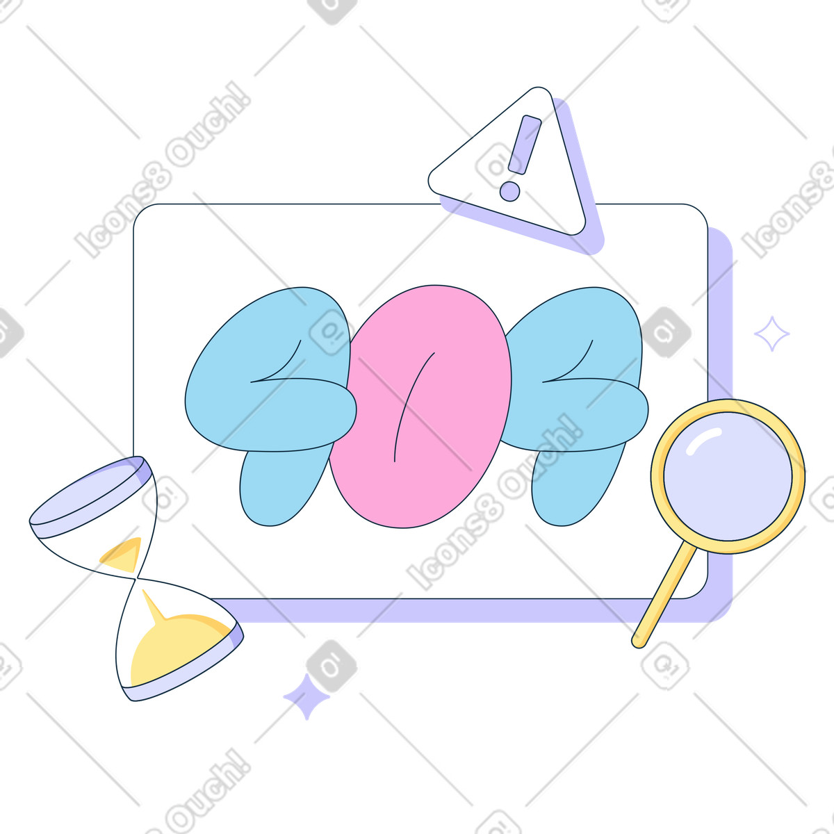 404 error page with hourglass and magnifier, Broken link or missing illustration in Bubble gum style download in PNG, SVG