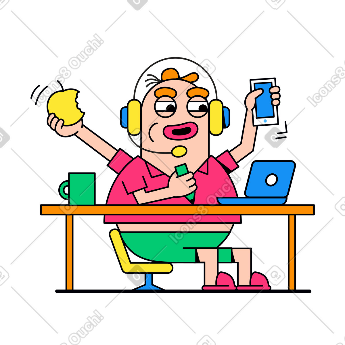 Mitarbeiter des technischen supports am schreibtisch mit laptop-Illustration im Droll-Stil als Download in PNG, SVG