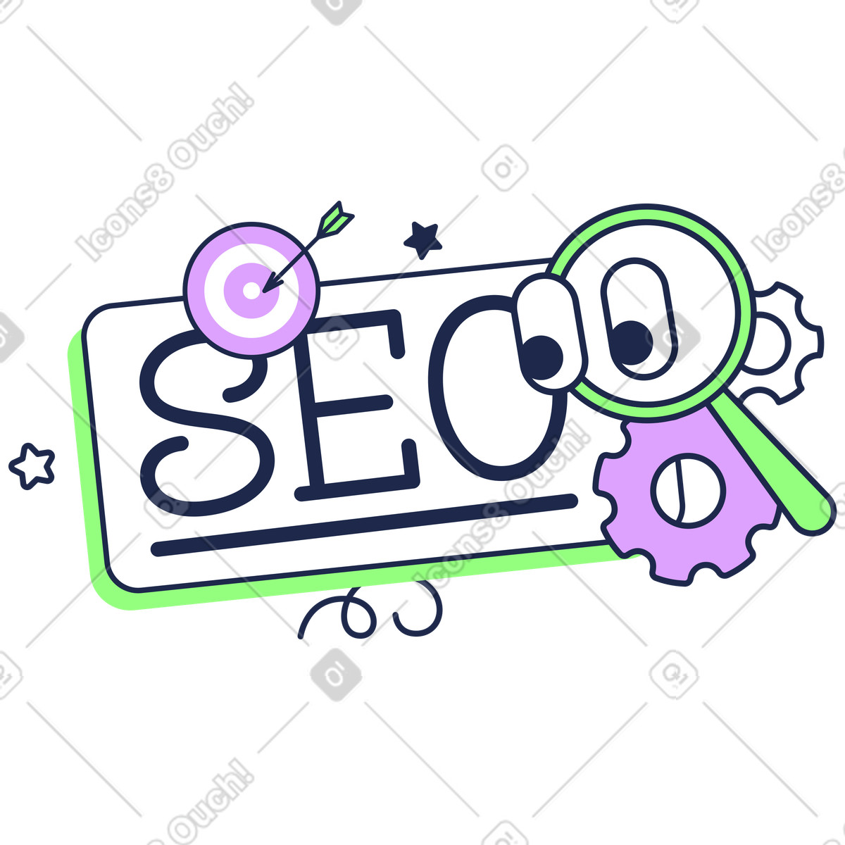Ilustración Letras seo con texto objetivo y lupa. en estilo Outline a descargar en PNG SVG