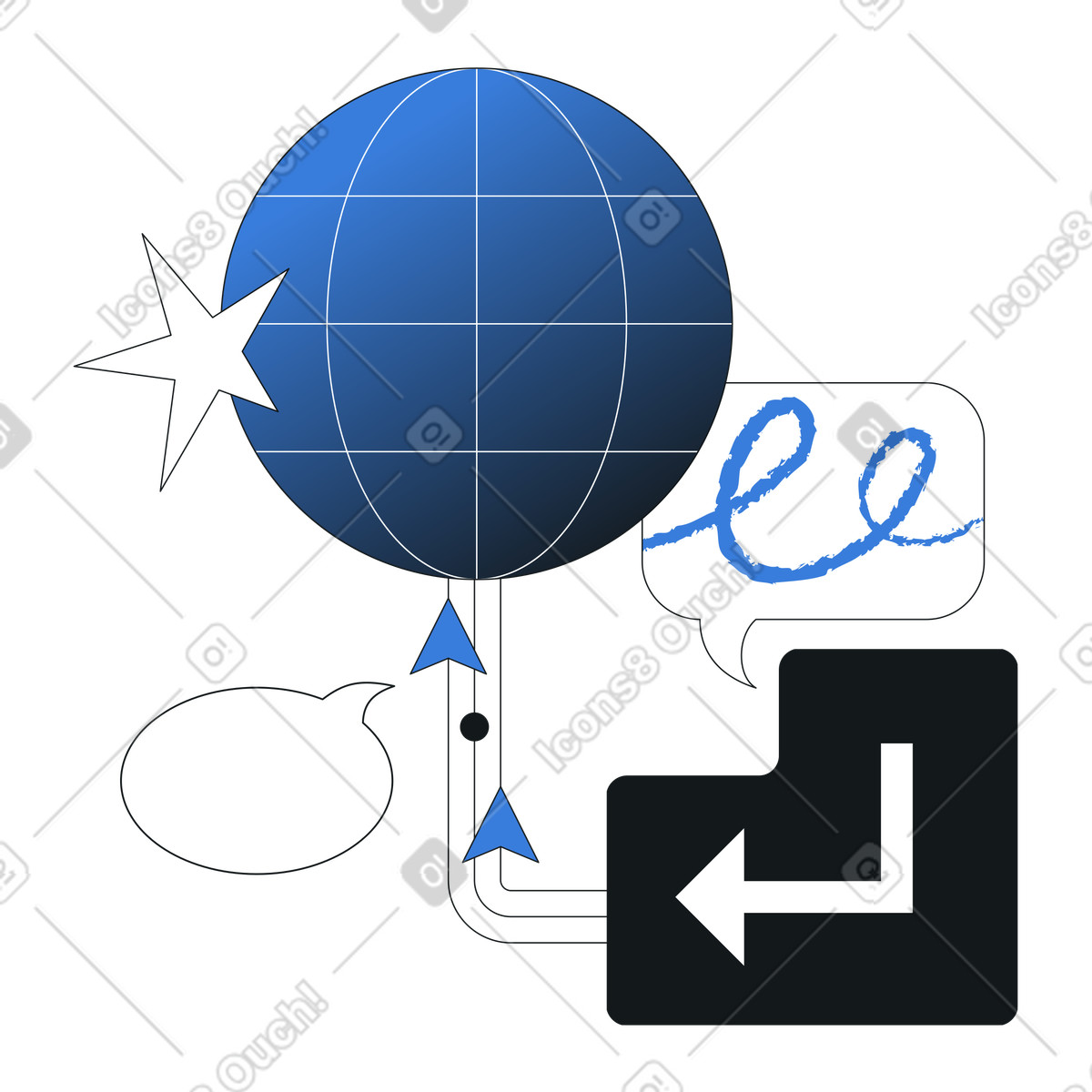 Ilustración Red global de comunicación digital, intercambio información entre plataformas conectadas en estilo Midnight a descargar en PNG y SVG