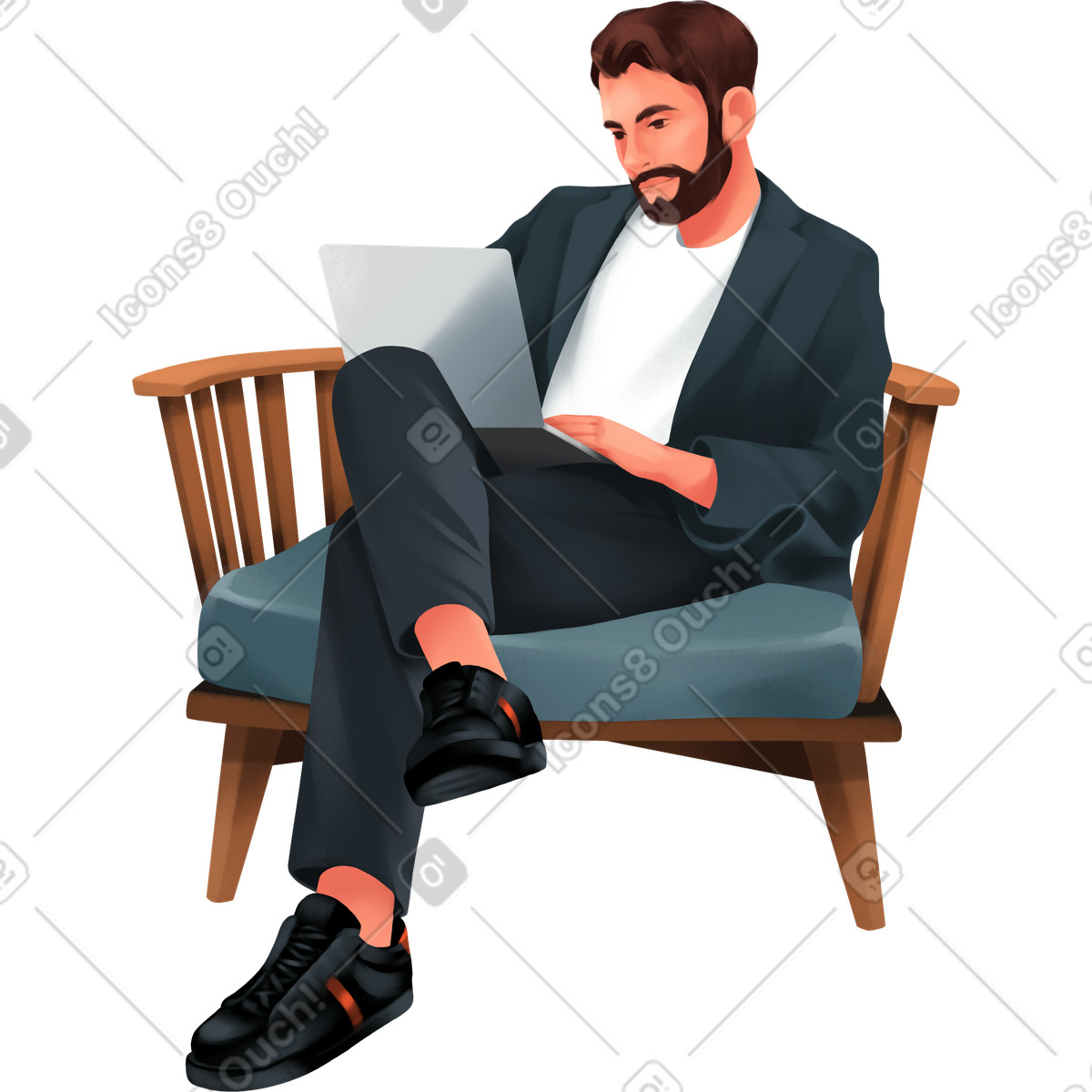 Man works on his laptop illustration clipart vector graphics sitting in a chair