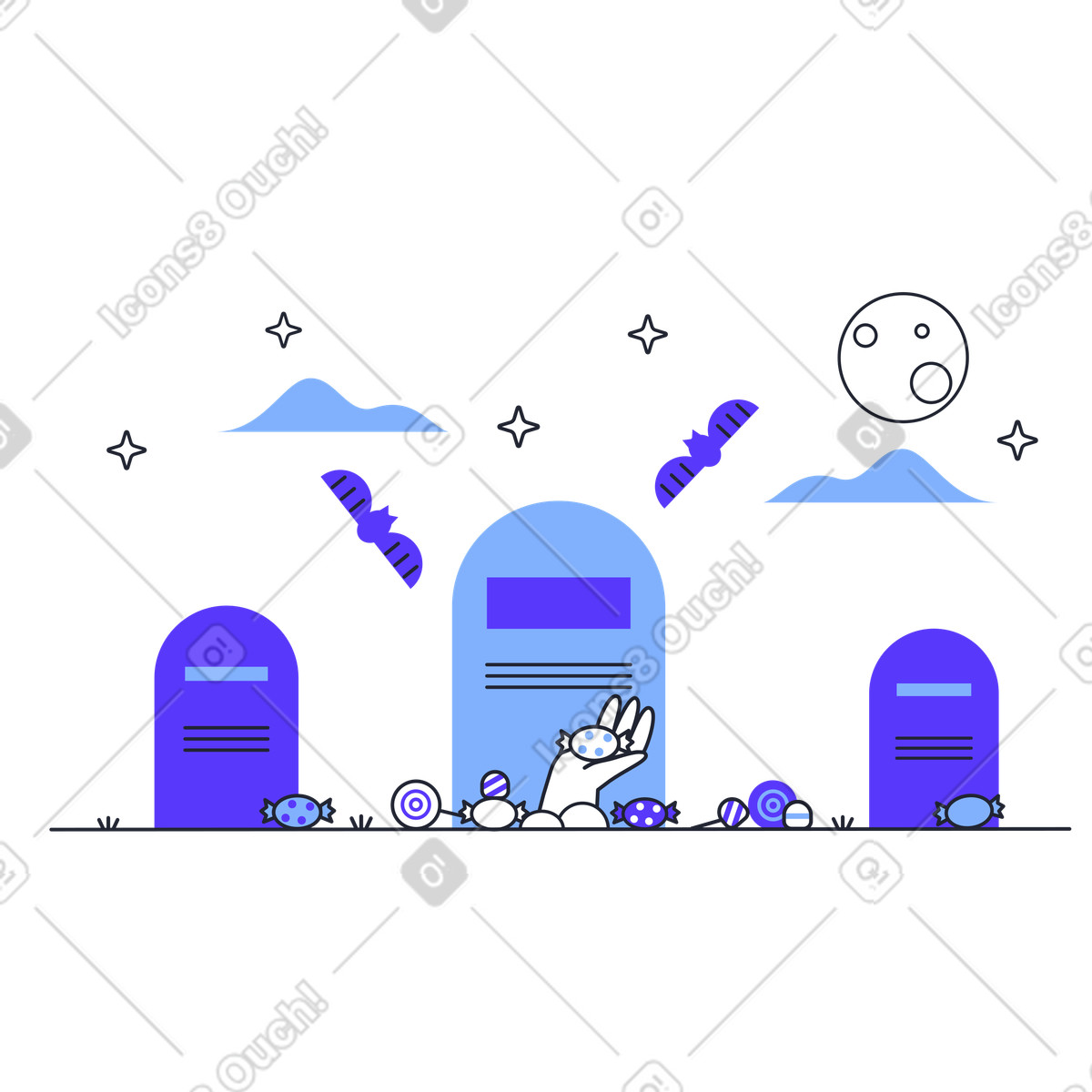 Ilustração animada de Noite halloween no cemitério em estilo Pablita para baixar em GIF, Lottie (JSON), AE