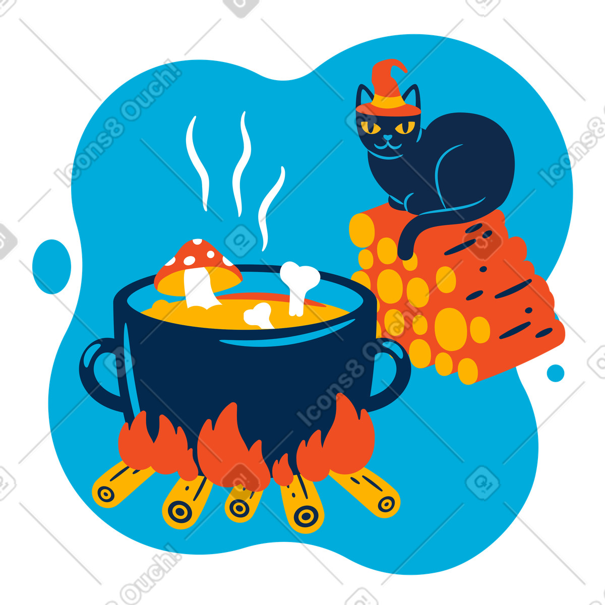 Illustration Chat portant un chapeau de sorcière assis près d'un chaudron avec une potion dans le style Flame à télécharger aux formats PNG, SVG