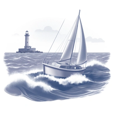 A small boat is depicted in turbulent waters, with large waves crashing around it. The boat is equipped with a sturdy mast and sails that are billowing against the strong winds. In the distance, a lighthouse stands tall on a rocky shore, its light beam cutting through the dark, stormy sky. The turbulent sea is filled with white foam, emphasizing the rough conditions surrounding the boat. The atmosphere captures the sense of safety provided by the lighthouse while the boat skillfully navigates through the challenging waters.