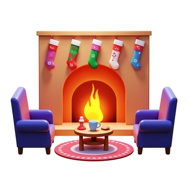 A cozy living room with a warm and inviting atmosphere. A roaring fireplace is centered on one wall, emitting a soft glow and flickering flames. Above the mantel, several colorful stockings are hung, each adorned with festive designs. Plush furniture, including a deep sofa and a couple of armchairs, is arranged around a patterned rug. A small coffee table holds a steaming mug and a few holiday-themed decorations. Soft lighting creates a welcoming ambiance throughout the space.