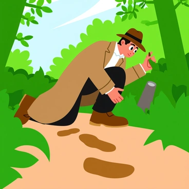 A close-up of a detective wearing a classic trench coat and a fedora, kneeling down to examine muddy shoeprints on a forest path. The detective has a focused expression, with one hand gently brushing aside some leaves to reveal more of the prints. The surrounding forest is lush with green trees and foliage, and soft sunlight filters through the branches, casting dappled shadows on the ground. The muddy shoeprints are distinct and layered, showing the tread pattern leading deeper into the woods.
