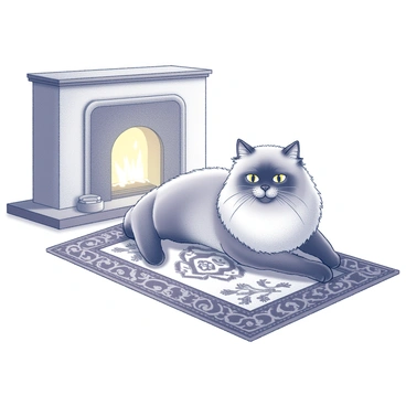 A fluffy Persian cat is lounging comfortably on a decorative rug. The cat has long, soft fur, prominently displaying its round face and large, expressive eyes. The rug features intricate patterns and textures, adding depth to the scene. Nearby, there is a fireplace with a warm, inviting glow emanating from it. The fireplace has a classic design, with a mantel that might hold a few decorative items. The overall composition captures a cozy indoor atmosphere, emphasizing the cat's relaxed pose.