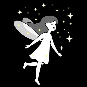 A fairy with luminescent wings is in flight, surrounded by glowing fireflies in a dark night setting. The fairy has long flowing hair and wears a delicate dress that sparkles like stars. Her wings emit a soft, radiant light, illuminating the space around her. The fireflies flicker in the air, creating a magical ambiance, as they dance around the fairy, their tiny lights twinkling in the deep night.