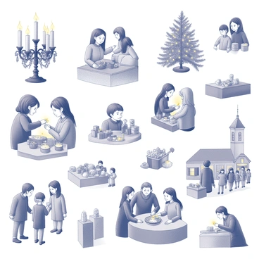 A detailed arrangement of various Advent celebrations from around the world. The first scene depicts a group of children lighting a candle on an Advent wreath, surrounded by festive decorations. Nearby, a family is gathered around a decorated Christmas tree, with traditional ornaments and wrapped gifts. In another section, individuals are participating in a lively market, showcasing handmade crafts and seasonal foods. A choir is seen performing carols in a town square, with spectators enjoying the music. Scattered throughout the collage are symbols of different customs, such as nativity scenes, traditional foods like gingerbread, and festive lights. Each scene is framed to highlight the diversity and richness of Advent traditions globally.