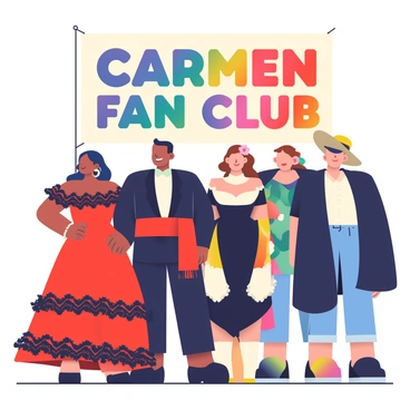 A group of five fan club members is gathered together, showcasing their "Carmen"-inspired outfits. Each member displays a unique interpretation of the character's style. One member, a woman with long dark hair, is wearing a vibrant red flamenco dress with ruffled layers and black lace accents. Another member, a man with medium skin and slicked-back hair, is dressed in a black suit with a white shirt and a red sash at his waist. A third member, a woman with short curly hair, is donning a fitted black bodice with a flowing red skirt, complemented by large hoop earrings. The fourth member, a man with light skin, is wearing a dramatic black cape over a white shirt, along with a wide-brimmed hat. The fifth member, a woman with long brown hair, is adorned in a colorful shawl and decorative flowers in her hair. The setting includes a large banner in the background emblazoned with the words "Carmen Fan Club" in bold, colorful letters.