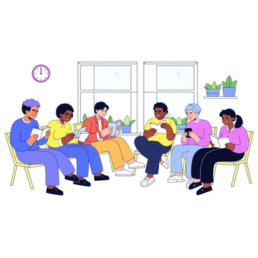 A diverse group of people is sitting in a waiting area of a clinic. There are men and women of different ethnicities, including Asian, Black, Caucasian, and Hispanic. Each person is engaged in their own activity, some reading magazines, others looking at their phones. The seating consists of simple chairs in a neutral color. There are potted plants near the windows providing a touch of greenery. A wall clock hangs above, indicating the time. A children's play area with toys can be seen in one corner of the room.
