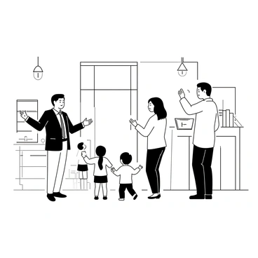 A real estate salesperson is standing in a spacious living room, gesturing towards a large window. The salesperson is wearing a smart suit and has a friendly expression. A family, consisting of two adults and two children, is exploring the room. One child is looking up at a ceiling light fixture, while the other is examining a bookshelf. The parents are interacting with the salesperson, asking questions and looking at the features of the house, which has wooden floors and a cozy fireplace.