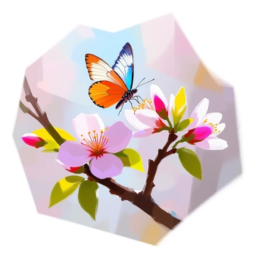 A "schmetterling" with vibrant, multicolored wings is gracefully hovering above a branch adorned with delicate pink cherry blossoms. The blossoms are in full bloom, showcasing their soft petals and bright green leaves. The branch is sturdy, with several blossoms clustered around it, and the schmetterling is positioned close to the blossoms, as if ready to land. The scene is set in a bright, sunny spring day, enhancing the colors of the flowers and the butterfly's wings.