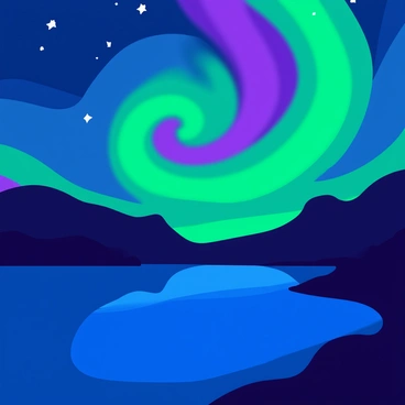 A night sky filled with a swirling aurora, showcasing vibrant shades of green, purple, and blue. The aurora displays dynamic waves and patterns that flow gracefully across the sky, creating a sense of movement. Stars twinkle in the background, adding depth to the scene. The landscape below is silhouetted against the colorful light, featuring dark mountains and a calm, reflective lake that captures the glow of the aurora above.