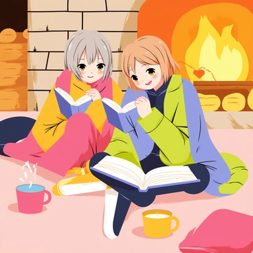 Kaede and Suzu are two girls sitting together, wrapped in a colorful blanket. They are both holding books open in their laps, absorbed in their reading. The warm glow of a crackling fireplace illuminates the cozy scene. The fireplace has a beautiful stone surround, with logs and flames visible, casting a soft light across the room. There are plush cushions scattered on the floor, and a steaming mug of cocoa sits on a small table nearby, adding to the inviting atmosphere.