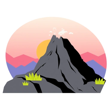 A volcano with a rugged dark gray and black surface is prominently featured in the foreground. The peak of the volcano is slightly billowing smoke, indicating recent activity. The sky above the volcano is filled with soft "pink and orange hues" as dawn breaks, casting a warm glow across the scene. Silhouetted mountains can be seen in the distance, contrasting against the vibrant sky. The ground around the volcano is rocky, with patches of green vegetation peeking through the cracks in the earth.