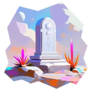 A futuristic tombstone designed with sleek, metallic surfaces and intricate alien engravings stands prominently in an otherworldly landscape. The tombstone features an asymmetrical shape with glowing elements embedded within its structure, casting a soft light. Surrounding the tombstone, the terrain is composed of unusual rock formations with iridescent colors and bizarre plant life that has bioluminescent qualities. The sky above is filled with swirling clouds in various shades of purple and blue, with two moons visible, adding to the surreal ambiance of the scene.