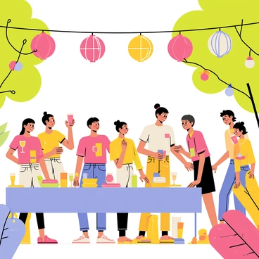 Delicate paper lanterns in various colors, including pink, yellow, and blue, are hanging above a festive outdoor party. The lanterns are gently swaying in the evening breeze, casting soft, warm light onto the scene below. A long table is set with colorful tablecloths and filled with plates of food and drinks. Guests, dressed in cheerful summer attire, are laughing and mingling, enjoying the vibrant atmosphere. String lights are also woven through nearby trees, adding to the festive ambiance of the gathering.
