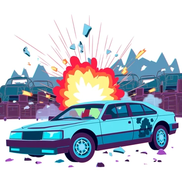 A car explosion in a cluttered junkyard with old metal parts scattering