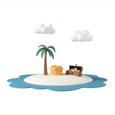 A small, deserted island with soft white sand and clear blue water surrounding it. In the center of the island, there is a colorful children's potty, bright yellow with a cheerful design. Next to the potty, there is a single tall palm tree, its green fronds gently swaying in the breeze. On the other side of the potty, there is a wooden treasure chest, slightly open, revealing shining gold coins and sparkling jewels inside. The sky above is clear with a few fluffy white clouds scattered about.