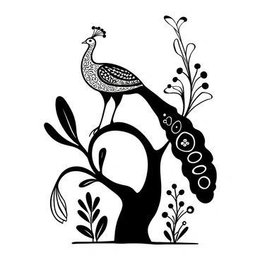 A peacock with a long, flowing tail adorned with intricate art nouveau patterns. The tail extends elegantly behind the bird, showcasing detailed shapes and designs throughout. The peacock stands proudly on a gracefully curved branch, with its feathers fanned out in a stunning display. The surrounding area features stylized floral elements that complement the peacock's tail patterns. The overall composition highlights the beauty and intricacy of the peacock and its environment.