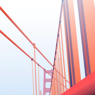 A close-up view of the Golden Gate Bridge showcases its intricate engineering details. The vibrant orange cables stretch diagonally across the image, contrasting against the blue sky. The steel structure features beams and rivets, emphasizing the strength and durability of the bridge. In the background, the sides of the towers rise majestically, adorned with textured surfaces. The scene captures the essence of this iconic landmark, focusing on the combination of artistry and engineering in its design.