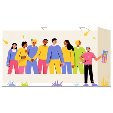 An artist stands in front of a large wall, painting a vibrant mural. The mural depicts a diverse group of people of different ages and cultures, all holding hands together. The people are shown in bright colors, with distinct clothing representing their cultural backgrounds. In the foreground, the artist holds a paintbrush in one hand and a palette in the other, focused on adding details to the mural. The scene is filled with energy, and splashes of paint surround the artist, emphasizing the creativity of the process.