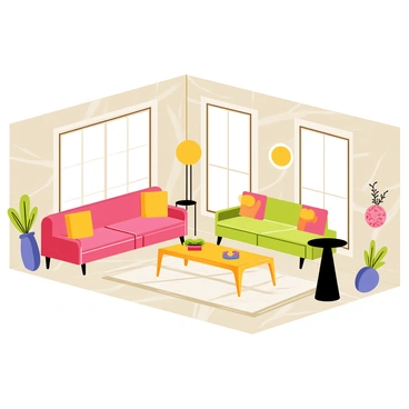 A lounge room featuring a three-dimensional layout with prominent geometric patterns on the walls and floor. The design includes elegant gold accents on furniture and decor items. Plush seating is arranged comfortably around a stylish coffee table, enhancing the inviting atmosphere of the room. Large windows allow natural light to fill the space, highlighting the luxurious details of the furniture and decor.
