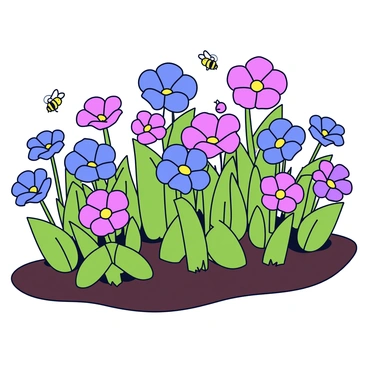 A garden bed filled with a variety of cornflowers in full bloom, showcasing their vibrant blue, purple, and pink petals. The flowers are arranged in clusters, surrounded by lush green leaves. The garden bed is bordered by a simple wooden fence, and the soil is rich and dark, providing a healthy backdrop for the colorful blooms. A few bees are seen hovering around the flowers, adding life to the scene.