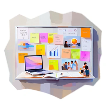 An inspiration board filled with various work-related goals and motivational images. The board is covered in colorful sticky notes, each displaying a different goal or affirmation. There are images of a sunrise symbolizing new beginnings, a calm workspace with a laptop and planner, and motivational quotes in elegant typography. Scattered throughout the board are photographs of successful professionals, charts representing growth, and images of teamwork in action. The overall composition conveys a vibrant and encouraging atmosphere, inviting creativity and ambition.