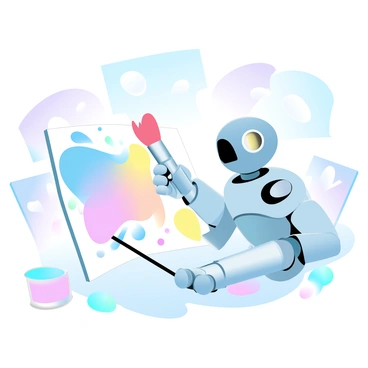A robot with metallic features is holding two large paintbrushes in its hands. The brushes are dipped in vibrant colors including red, blue, yellow, and green. The robot is focused on a large canvas in front of it, where bold strokes and splatters of paint create a colorful abstract painting. Surrounding the robot are paint cans scattered across the floor, each filled with a different hue. The background is filled with additional canvases displaying various abstract designs.
