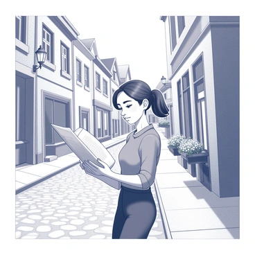 A young woman named Marie is standing on a cobblestone street. She is holding a folded map in her hands, closely examining it. The background features charming European-style buildings with textured facades, some adorned with flower boxes under the windows. The street is lined with cobblestones, leading into the distance, where more quaint architecture can be seen. Marie has a look of curiosity and concentration as she navigates her surroundings. There are lanterns mounted on the buildings, casting soft shadows on the ground.