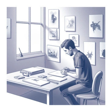 A detailed portrait of Steve Ash in his art studio, surrounded by his illustrations