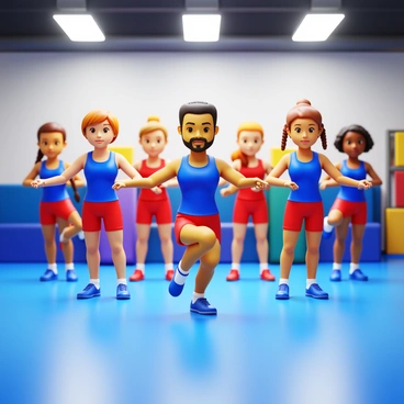 A sports team consisting of diverse athletes performing "Russian twists" together on a polished gym floor. The team members are wearing matching athletic uniforms in vibrant colors. Each athlete has a determined expression as they engage in the exercise, with their feet elevated off the ground and their arms extended in front of them. The background features exercise mats and gym equipment, creating a focused training environment. Bright overhead lights illuminate the scene, highlighting the team's synchronized movements.
