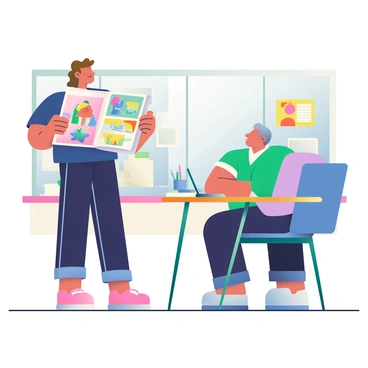 A student with light brown hair is standing in front of a teacher in a TAFE classroom, presenting their illustration portfolio. The student is wearing a navy blue shirt and dark jeans, holding a large, open portfolio showcasing colorful illustrations. The teacher, with short gray hair, is seated at a wooden desk, attentively looking at the portfolio. Various art supplies, including colored pencils and sketchbooks, are scattered on the desk. Behind them, there are large windows letting in natural light, and the classroom walls are decorated with art posters and student work.