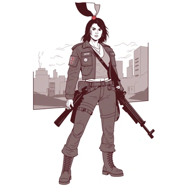 A fierce woman dressed as a revolutionary stands confidently, holding a black rifle in her right hand. She has an intense expression, showcasing determination and strength. Her outfit consists of a rugged military-style jacket, adorned with various patches, and sturdy combat boots. Atop her head, she wears a tricolor cockade prominently displaying the three colors. The background features a blurred urban landscape, adding to the atmosphere of revolution and change.