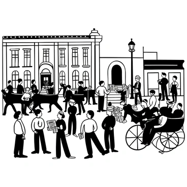 A busy urban street scene from the early 20th century filled with people. Groups of men and women are gathered around a elevated speaker on a wooden platform. Some individuals are holding newspapers, while others appear to be listening intently. Horse-drawn carriages line the street, and vintage lampposts stand on either side. The buildings in the background feature architectural details typical of the period, with large windows and decorative moldings. The pavement is cobblestoned, adding to the historical atmosphere.