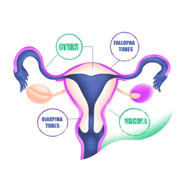 A detailed illustration of the female reproductive system in shades of black and white, showcasing the uterus, ovaries, fallopian tubes, and vagina. Each organ is labeled with clear, bold text encircling them, providing an educational aspect. The background is minimal to emphasize the anatomical features. The entire illustration is intricately designed with fine lines, creating a classic etching effect.