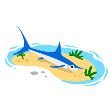A vibrant sailfish with a long, slender body and a distinctive tall dorsal fin is resting near a sandy beach in shallow tropical waters. The fish exhibits a bright blue coloration with shimmering scales that catch the sunlight. Surrounding the sailfish, the clear water reveals a sandy bottom dotted with small pebbles and patches of seaweed. Gentle waves create ripples on the surface, reflecting the sunlight and enhancing the tropical atmosphere. Soft shadows from the sailfish are cast on the sand below, highlighting its elegant shape.