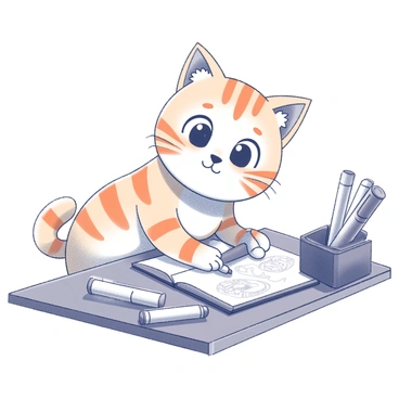 A cartoon cat with distinctive orange stripes is sitting at a desk. The cat is focused on a sketchbook in front of it, holding a marker in one paw. There is an array of markers scattered across the desk, with some lying on the surface while others are upright in a holder. The sketchbook is open, displaying various doodles. The scene captures a moment of creativity, with the cat appearing engaged in its drawing activity.