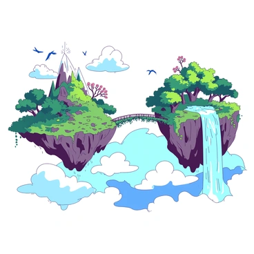 Two floating islands have a vibrant, lush landscape, each featuring thick greenery and colorful flowers. The islands are suspended high above the clouds, creating a sense of wonder. A series of vine-covered bridges connects the two islands, their ropes thick with leaves and blossoms. Waterfalls cascade over the edges of the islands, sending crystal-clear water plummeting down into the fluffy white clouds below. The scene is filled with a sense of adventure, as birds soar between the islands, adding movement to the tranquil atmosphere.