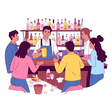 A group of friends is gathered around a wooden bar, engaged in a cocktail mixing class. The bartender, with a big smile, is demonstrating how to shake a cocktail shaker. Behind the bar, various bottles of spirits and colorful mixers are neatly arranged. The friends, a diverse group of three men and two women, are attentively watching the bartender, with one person holding a cocktail shaker. The atmosphere is vibrant and energetic, with glasses and fresh fruit garnishes scattered on the bar in front of them.